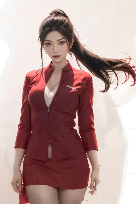 airasia red jacket uniform、long hair down to the legs、dark brown hair、hair tied up、tie your hair back in a ponytail、ponytail、red...