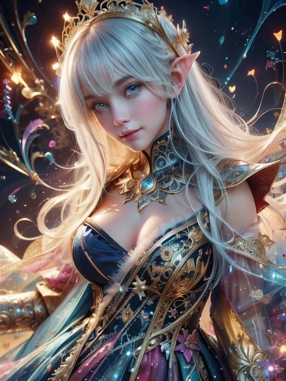 (Best quality, 4k, High-resolution, Masterpiece:1.2), Ultra-detailed, Realistic, Radiant lighting, Epoch Elves, White Hair, Dodger Blue Eyes, Fantastical colors, Fine art, Ethereal beings, Dreamlike, Whimsical creatures, Detailed facial features, Glowing eyes, Elven beauties, Perfect Body, Large Breasts, Ethereal glow, Mythical creatures, Harmonious composition, Dazzling colors, Stunning visual effects, Otherworldly appearance, Mesmerizing artistry, Beautiful Smile, Eye Contact, Transparent Dress, Close up Body, No Blur Filter