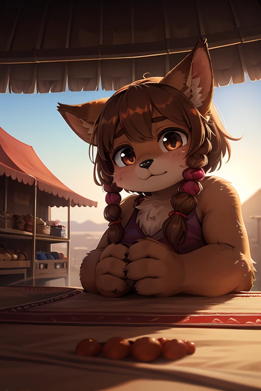(Extreme Perspective:0.75) , rule of thirds , Bokeh , Karliman of the Desert , realistic hairy fur , round face , round eyes , Swollen cheeks , hair ties , accidents , Happenings , sensational , Desert Town Market , shopping