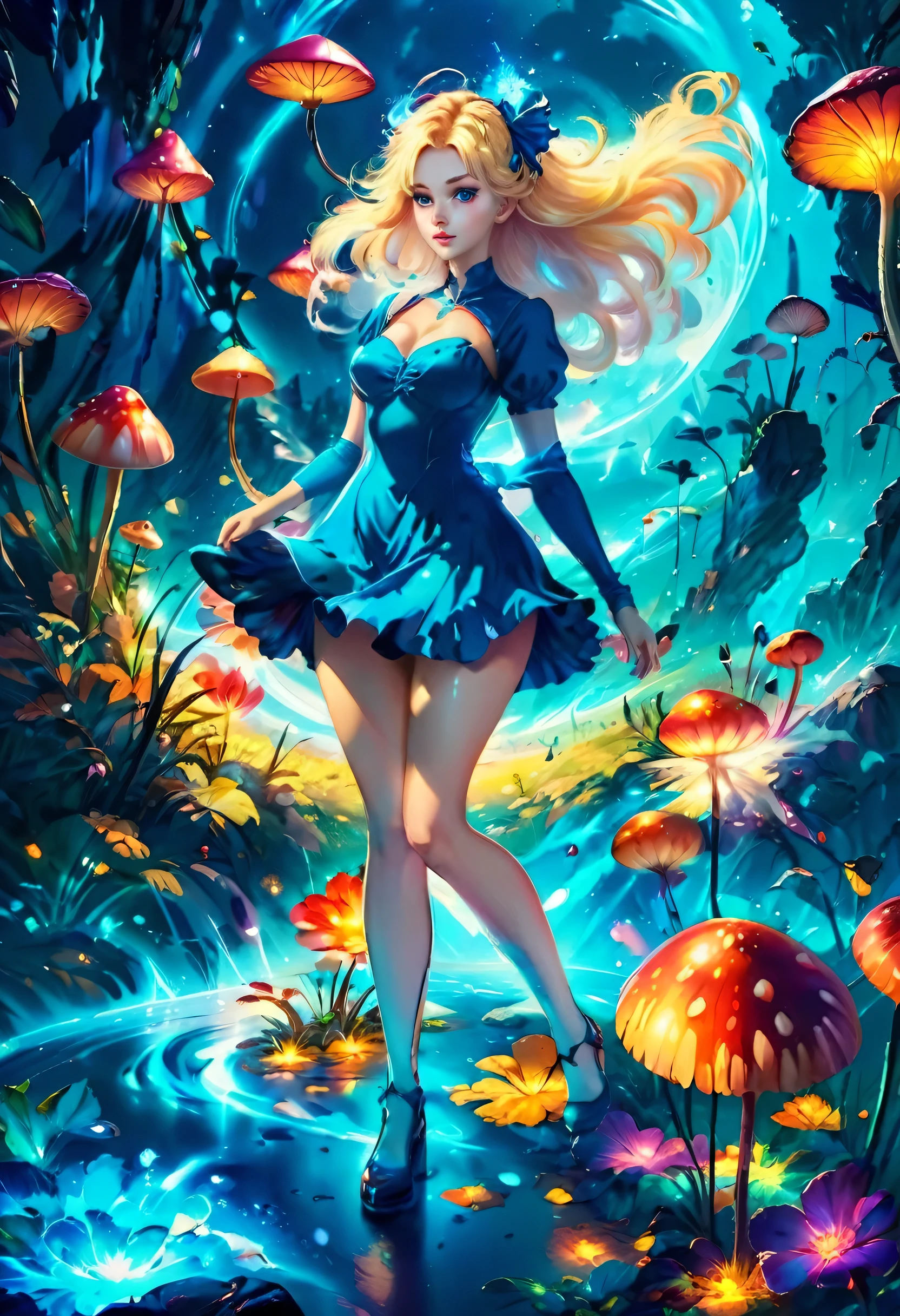 a beautiful 20 year old blonde woman with big messy hair in a blue dress, white stockings, black headband, cleavage, full body, holding a glowing mushroom in her hands, fantasy art style, rossdraws cartoon vibrant, alice in wonderland cyberpunk, cute detailed digital art, colorfull digital fantasy art, digital fantasy art ), glossy digital painting, rossdraws pastel vibrant, rossdraws 2. 5, rossdraws 1. 0