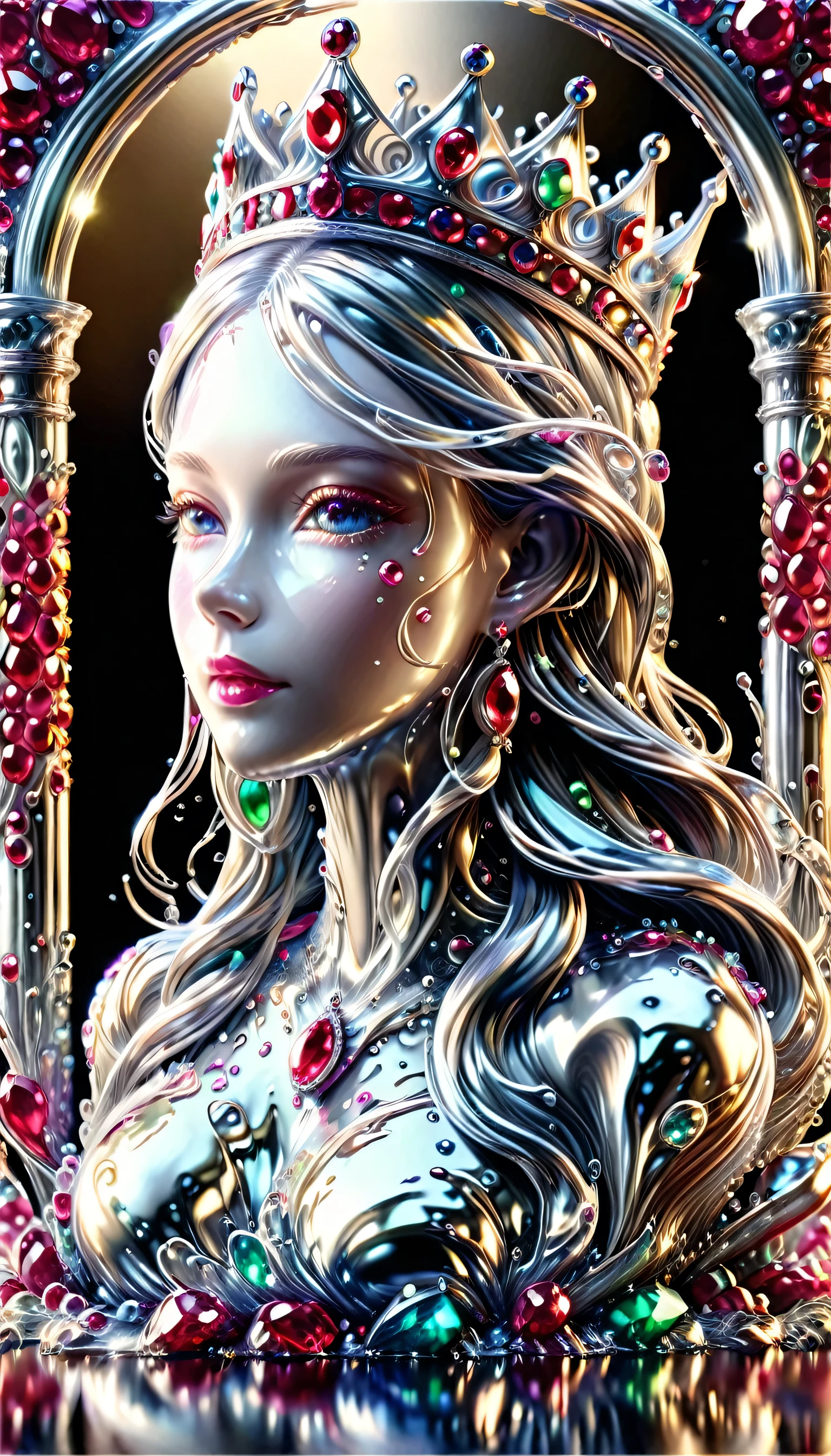 (liquid metal art: 1.5) LIQUID METAL a picture of jeweled crown ( (masterpiece, best detailed, best quality: 1.4), the crown is made from (gold: 1.2), (silver: 1.3), there are golden swirls watce, ( (masterpiece, best detailed, best quality: 1.2), there are silver swirls watce ( (masterpiece, best detailed, best quality: 1.2),  it is encrusted and decorated with (rubies: 1.3), emeralds: 1.3) and (opals: 1.3), dynamic background, close range picture,  ultra wide shot, photorealism, depth of field, hyper realistic, ral-ntrgmstn, watce, metallic, ais-moltenz