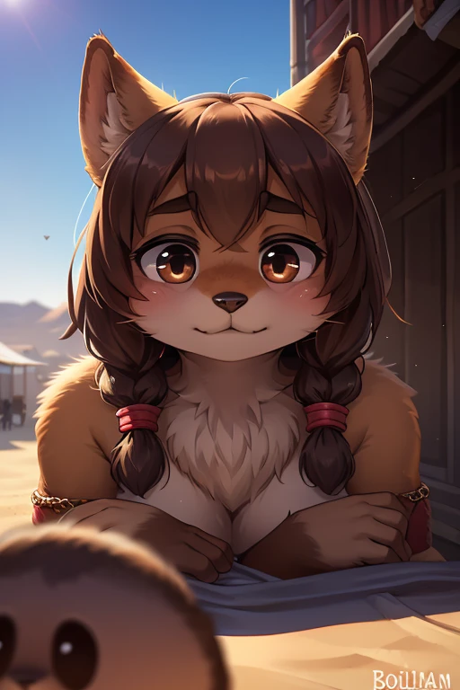 (Extreme Perspective:0.75) , rule of thirds , Bokeh , Karliman of the Desert , realistic hairy fur , round face , round eyes , Swollen cheeks , hair ties , accidents , Happenings , sensational , Desert Town Market , A stranger who just took a quick look