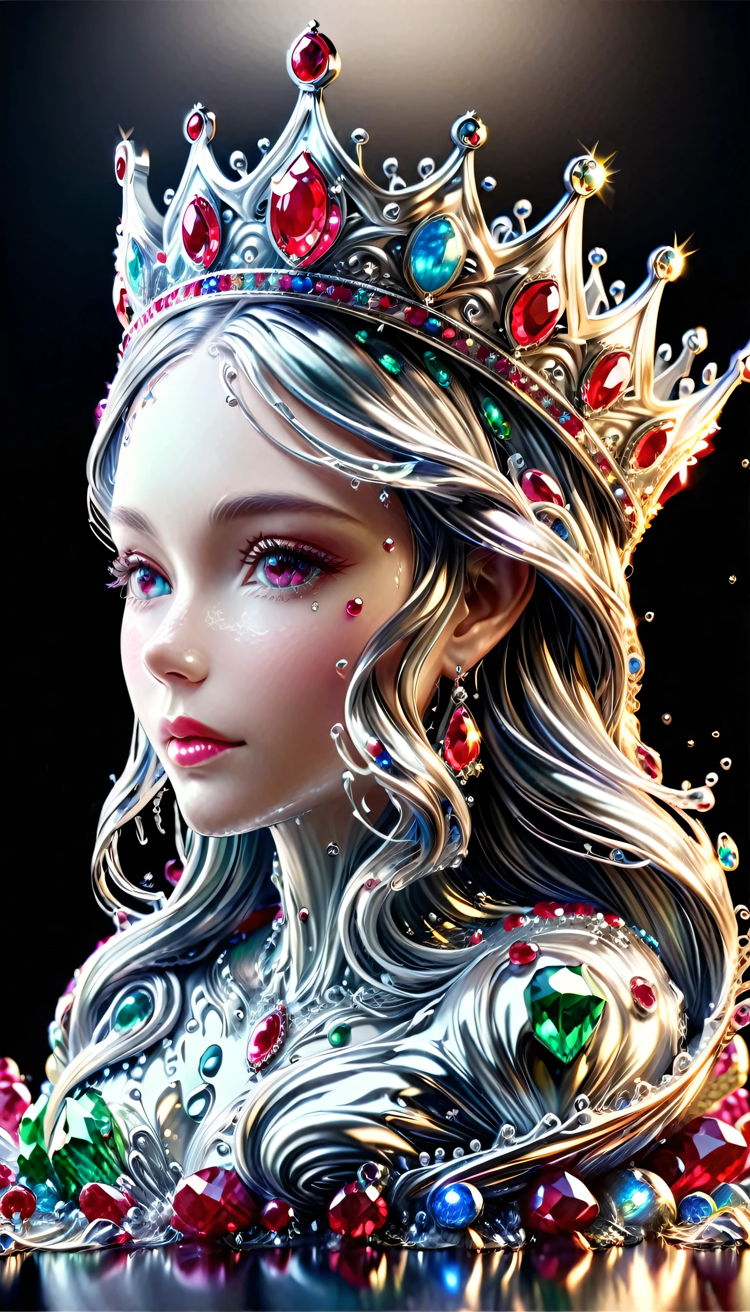 (liquid metal art: 1.5) LIQUID METAL a picture of jeweled crown ( (masterpiece, best detailed, best quality: 1.4), the crown is made from (gold: 1.2), (silver: 1.3), there are golden swirls watce, ( (masterpiece, best detailed, best quality: 1.2), there are silver swirls watce ( (masterpiece, best detailed, best quality: 1.2),  it is encrusted and decorated with (rubies: 1.3), emeralds: 1.3) and (opals: 1.3), dynamic background, close range picture,  ultra wide shot, photorealism, depth of field, hyper realistic, ral-ntrgmstn, watce, metallic, ais-moltenz