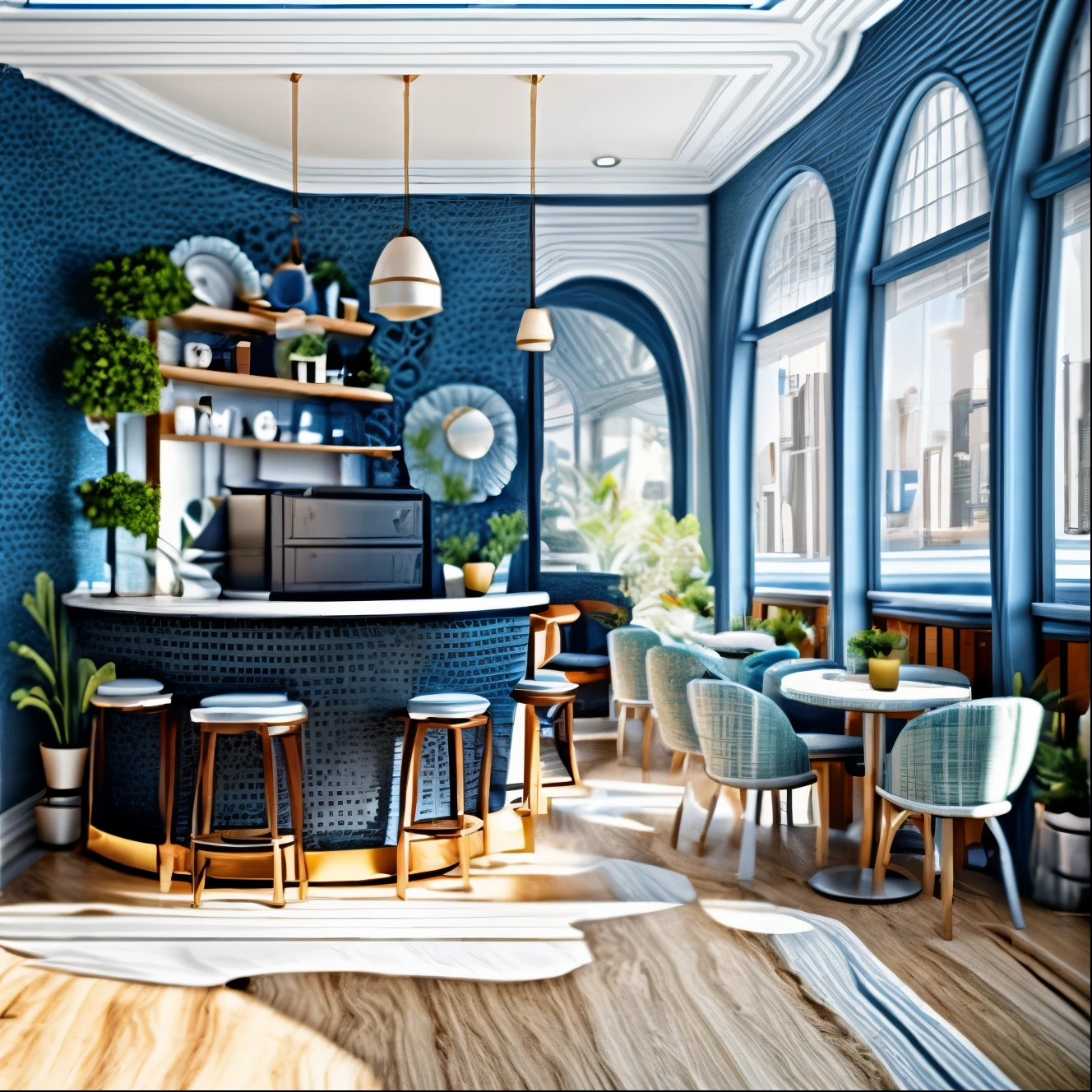 The coffee shop space has black tones, black iron tables and chairs, rough black walls, and luxurious mirrors, Minimalism,  black themes, modern sci-fi