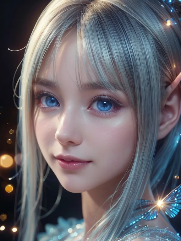 (Best quality, 4k, High-resolution, Masterpiece:1.2), Ultra-detailed, Realistic, Radiant lighting, Epoch Elves, White Hair, Dodger Blue Eyes, Fantastical colors, Fine art, Ethereal beings, Dreamlike, Whimsical creatures, Detailed facial features, Glowing eyes, Elven beauties, Perfect Body, Large Breasts, Ethereal glow, Mythical creatures, Harmonious composition, Dazzling colors, Stunning visual effects, Otherworldly appearance, Mesmerizing artistry, Beautiful Smile, Eye Contact, Transparent Dress, Close up Body, No Blur Filter