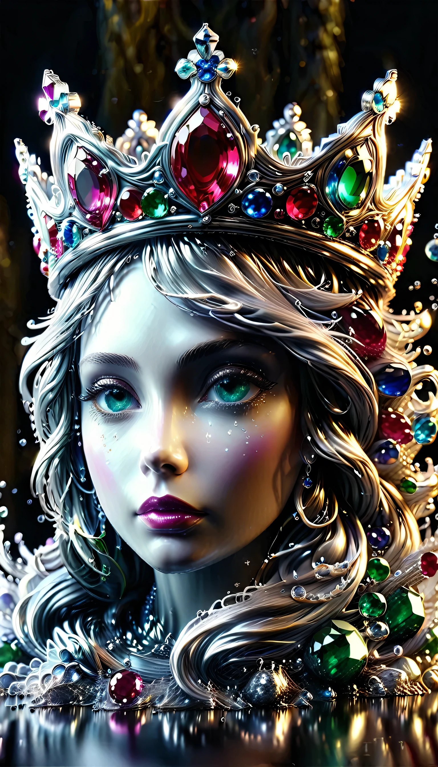 (liquid metal art: 1.5) LIQUID METAL a picture of jeweled crown ( (masterpiece, best detailed, best quality: 1.4), the crown is made from (gold: 1.2), (silver: 1.3), there are golden swirls watce, ( (masterpiece, best detailed, best quality: 1.2), there are silver swirls watce ( (masterpiece, best detailed, best quality: 1.2),  it is encrusted and decorated with (rubies: 1.3), emeralds: 1.3) and (opals: 1.3), dynamic background, close range picture,  ultra wide shot, photorealism, depth of field, hyper realistic, ral-ntrgmstn, watce, metallic, ais-moltenz