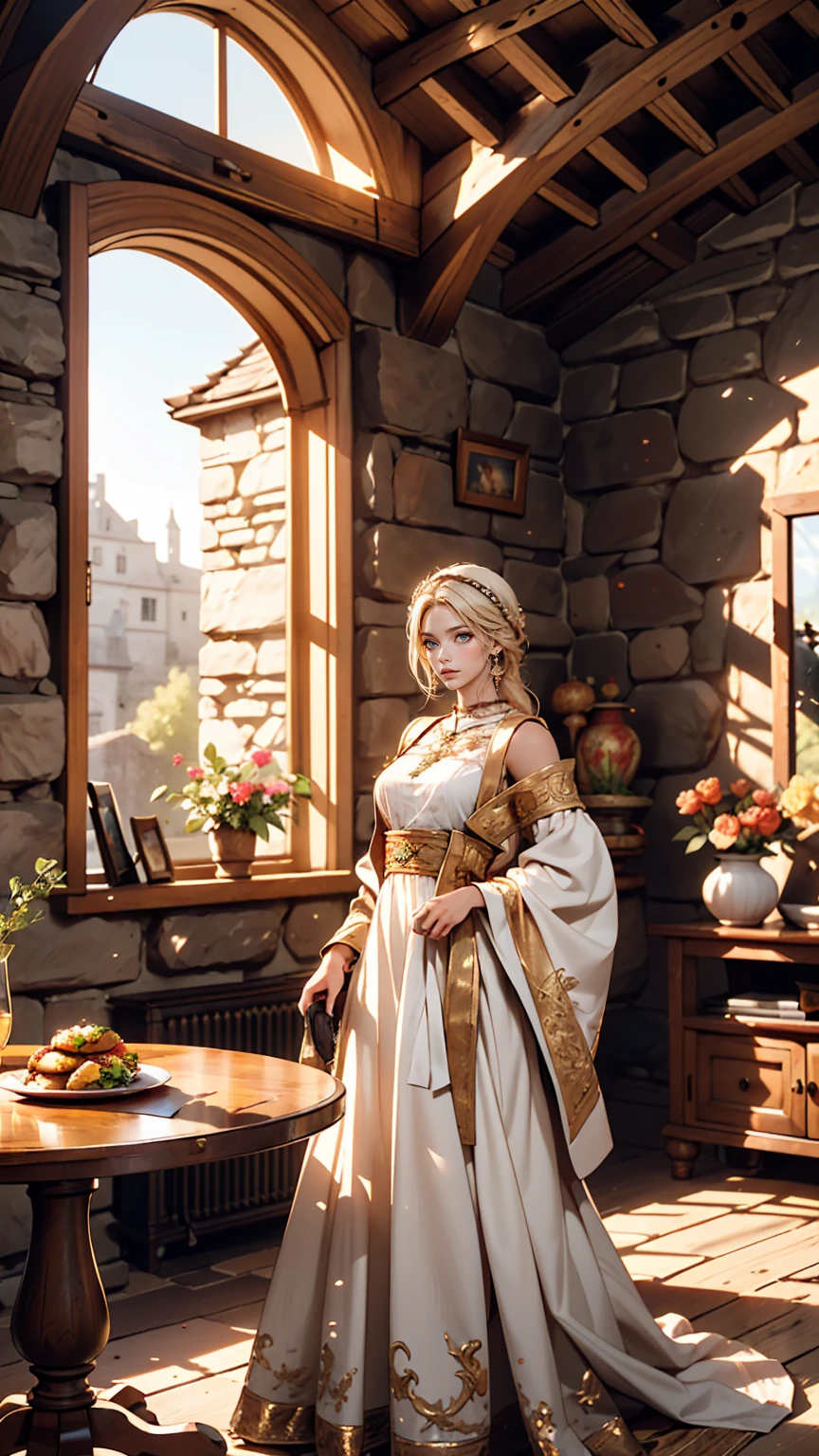 Model shooting style, (Highly detailed CG 8k wallpaper), In the center of the room、There is a long, wide wooden table with food leftovers on it., Old and spacious room, Stone wall and a little high, No ceiling, In the back of the room、There are remains of a Roman stone arch overlooking the gardens.、White woman in Roman costume