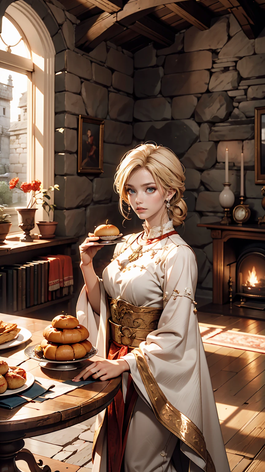 Model shooting style, (Highly detailed CG 8k wallpaper), In the center of the room、There is a long, wide wooden table with food leftovers on it., Old and spacious room, Stone wall and a little high, No ceiling, In the back of the room、There are remains of a Roman stone arch overlooking the gardens.、White woman in Roman costume