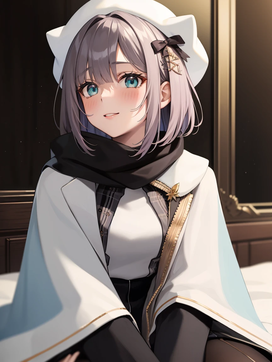 Portrait, official art, best masterpiece, best quality, best resolution, 8K, best detailed, perfect anatomy, very wide shot, looking at viewer
BREAK
(sfw), kaga sumire, virtual youtuber, smile, closed mouth, looking at viewer, short hair, hair ornament, white headwear, shirt, capelet, scarf
, (small breasts:1.2), (short stature:1.2), 1girl, solo
BREAK 
(sfw:1.2), Front view, (bust up shot:1.2), (hand between legs:1.3), (lean backward:1.3), Sitting
BREAK
(blush:1.2), shy smile, raised eyebrows, kiss, peck lips, round lips, incoming kiss
BREAK
official art, best masterpiece, best quality, best resolution, 8K, best detailed, highly detailed hands, highly detailed fingers, very detailed mouth, perfect anatomy
BREAK
over the bed, midnightaaaa, very fine and detailed 16KCG wallpapers