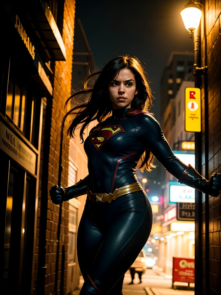 A photo of a young female superhero inspired by Frank Miller's style, set in a dark city with atmospheric lighting. She strikes an action pose that highlights her dynamic energy and strong presence. The scene blends gritty comic book elements with dramatic shadows and moody lighting, creating an evocative and powerful image.