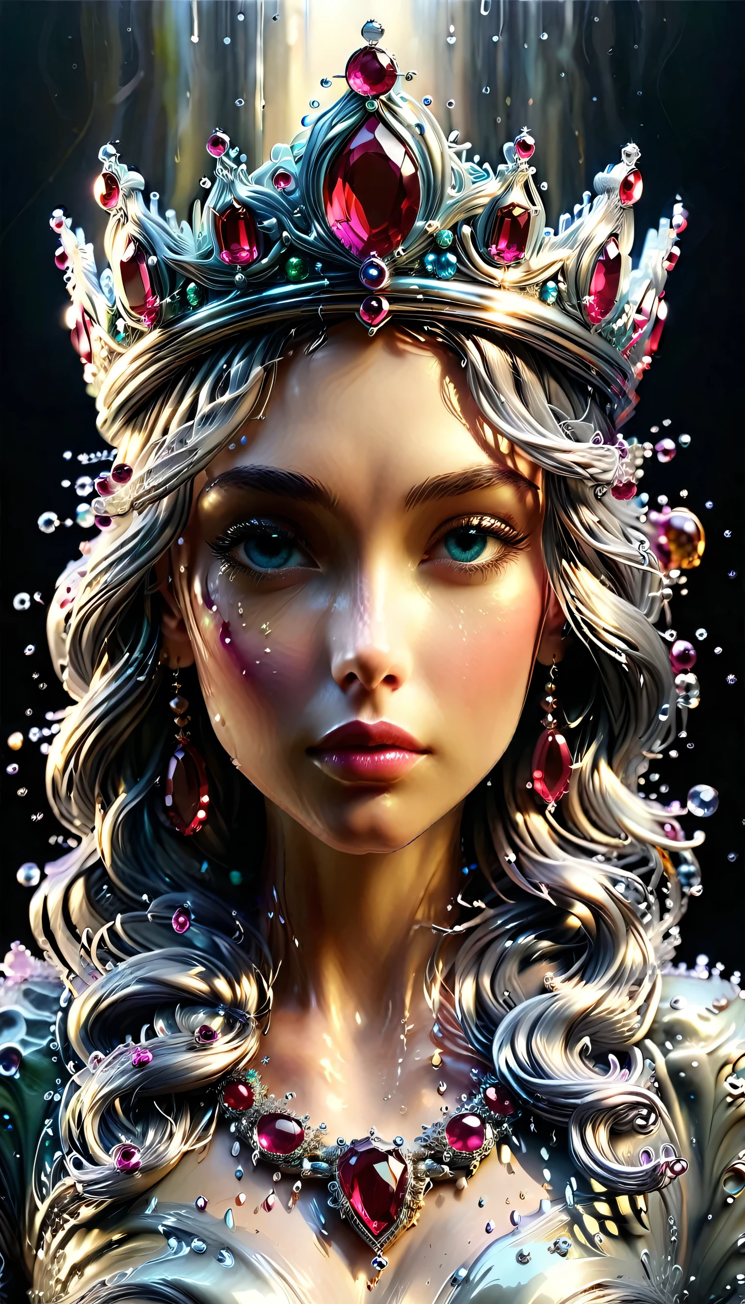 (liquid metal art: 1.5) LIQUID METAL a picture of jeweled crown ( (masterpiece, best detailed, best quality: 1.4), the crown is made from (gold: 1.2), (silver: 1.3), there are golden swirls watce, ( (masterpiece, best detailed, best quality: 1.2), there are silver swirls watce ( (masterpiece, best detailed, best quality: 1.2),  it is encrusted and decorated with (rubies: 1.3), emeralds: 1.3) and (opals: 1.3), dynamic background, close range picture,  ultra wide shot, photorealism, depth of field, hyper realistic, ral-ntrgmstn, watce, metallic, ais-moltenz