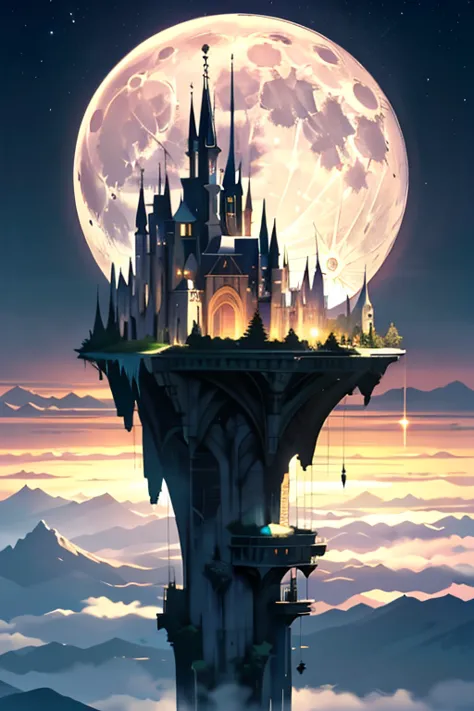 Stunning beautiful landscape、dawn、full moon、horizon、Fantasy、Futuristic city