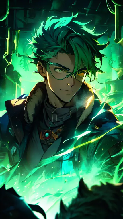 anime character with a green glow and a white snake, from cryptid academia, he has a glow coming from him, harry potter in cyber...