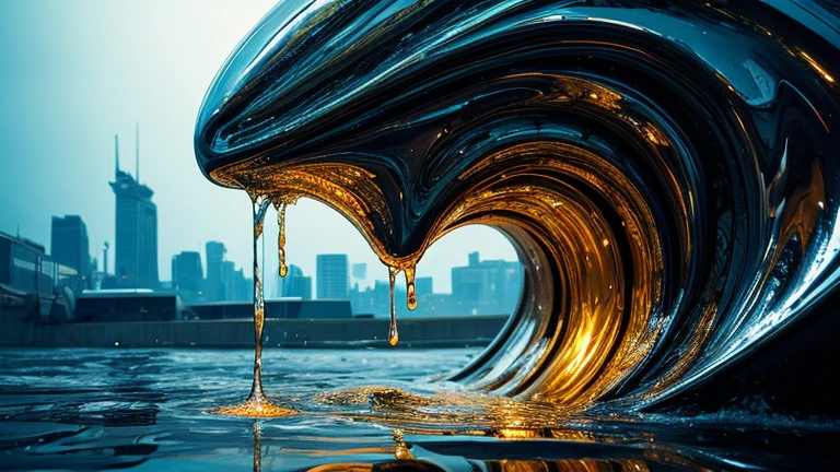 ((Liquid Metal)), (((Fluid))), ((fluid)), Gloss, Melting,  (wonder), (metallic), ((Mysterious Lifeform)), Creepy, In harmony with the city, Dynamic pose