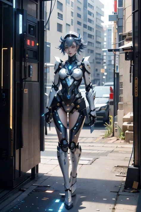 Full body image, full body, standing posture, a woman, blue and white, conceptual art, mechanical, cyberpunk, mecha