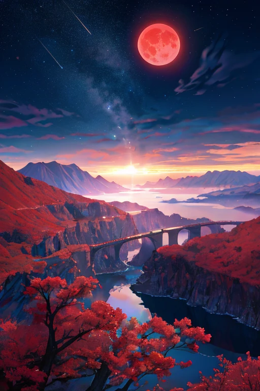 Stunning beautiful landscape、Fantasy、Red Moon、Starry Sky、horizon