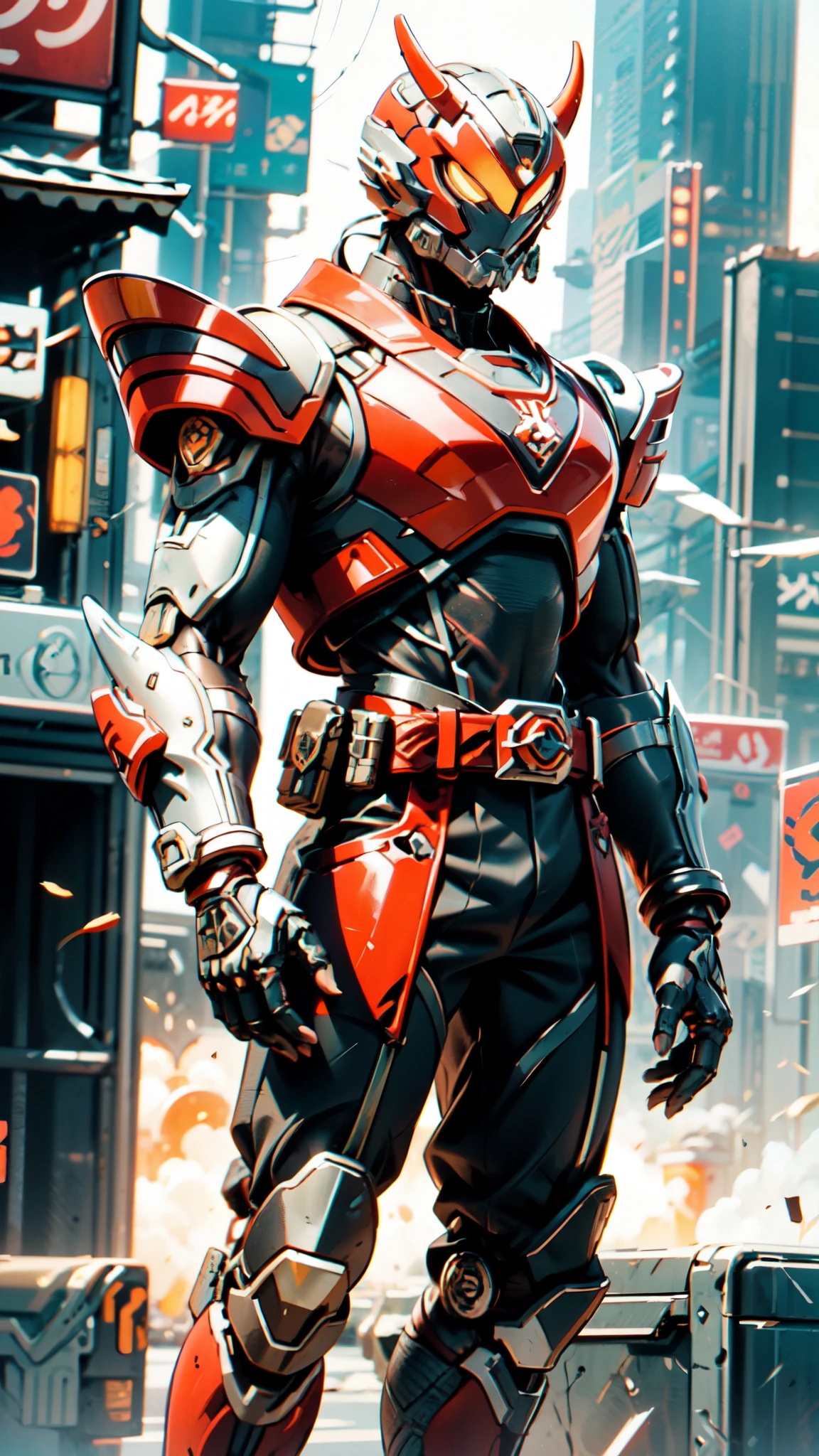 A man wearing a full-face helmet, a fantasy-style biotech armored combat suit, green eyes, (a composite layered chest armor), fully enclosed shoulder guards, matching arm and leg guards, the belt is adorned with 666 mark, (the color scheme is primarily red with yellow and white accents), the design balances heavy with agility, a high-tech bio-mecha armor, (Armor Concept Inspired by Demon, stand on the top of a skyscraper in a futuristic sci-fi city), this character embodies a finely crafted fantasy-surreal style armored hero in anime style, exquisite and mature manga art style, (battle damage, element, plasma, energy, the armor glows), ((male:1.5)), metallic, real texture material, dramatic, high definition, best quality, highres, ultra-detailed, ultra-fine painting, extremely delicate, professional, perfect body proportions, golden ratio, anatomically correct, symmetrical face, extremely detailed eyes and face, high quality eyes, creativity, RAW photo, UHD, 32k, Natural light, cinematic lighting, masterpiece-anatomy-perfect, masterpiece:1.5