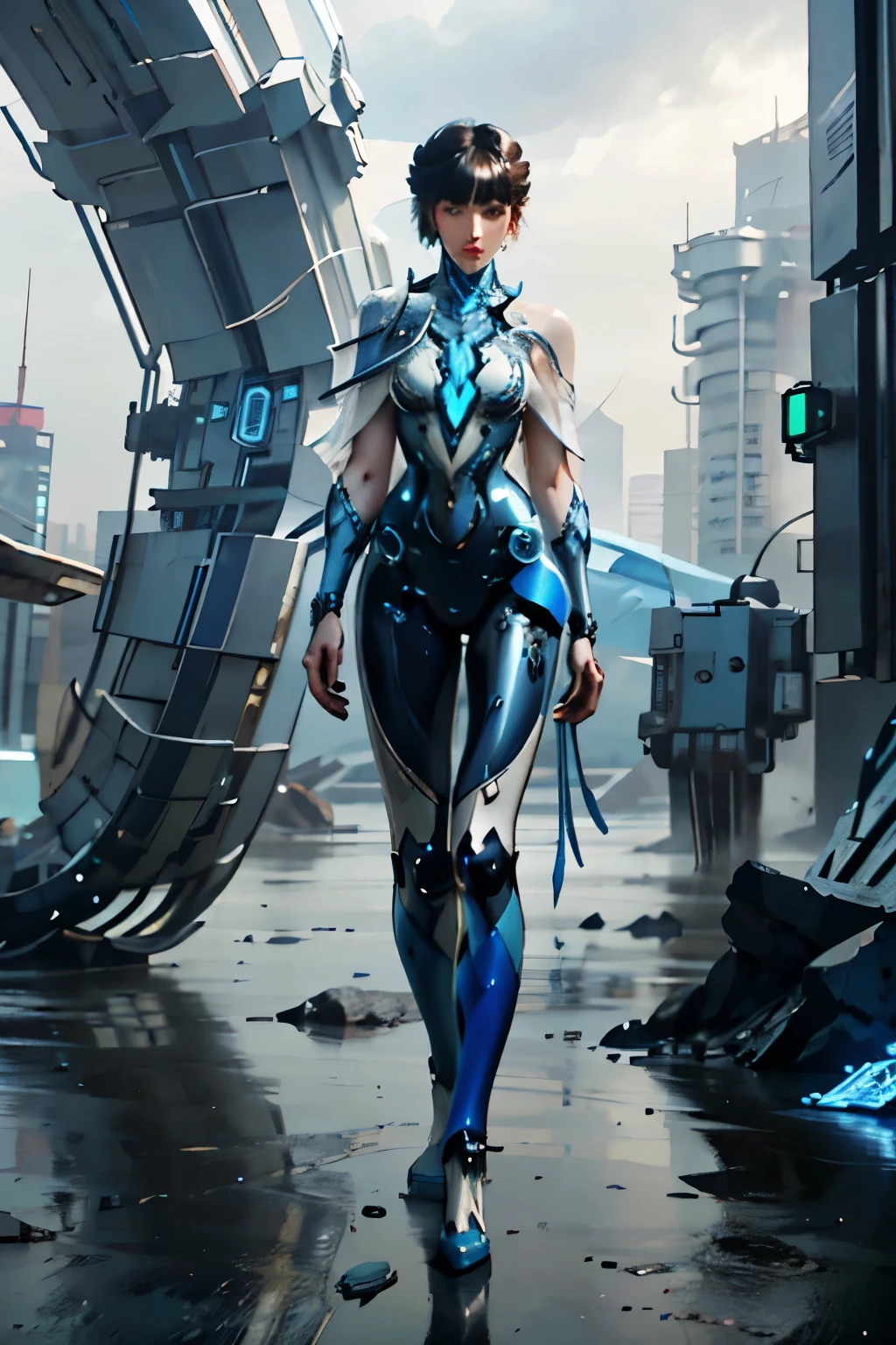 Full body image, full body, standing posture, a woman, blue and white, conceptual art, mechanical, cyberpunk, mecha
