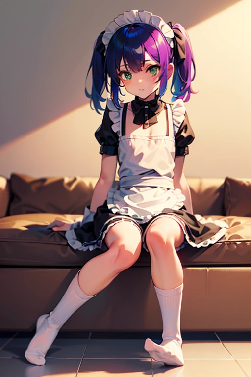 1 girl, alone, (Colored Hair:1.3), short hair, (Side up twin tails:1.3), (Beautiful green eyes:1.2), (Flat Chest:1.1), (Small body:1.4) Wiza, Sitting, Arms back, indoor (Maid clothes, Maid Cosplay:1.3), Knee socks, (Brown knee Knee-high socks, Long socks:1.2), Knee-high socks