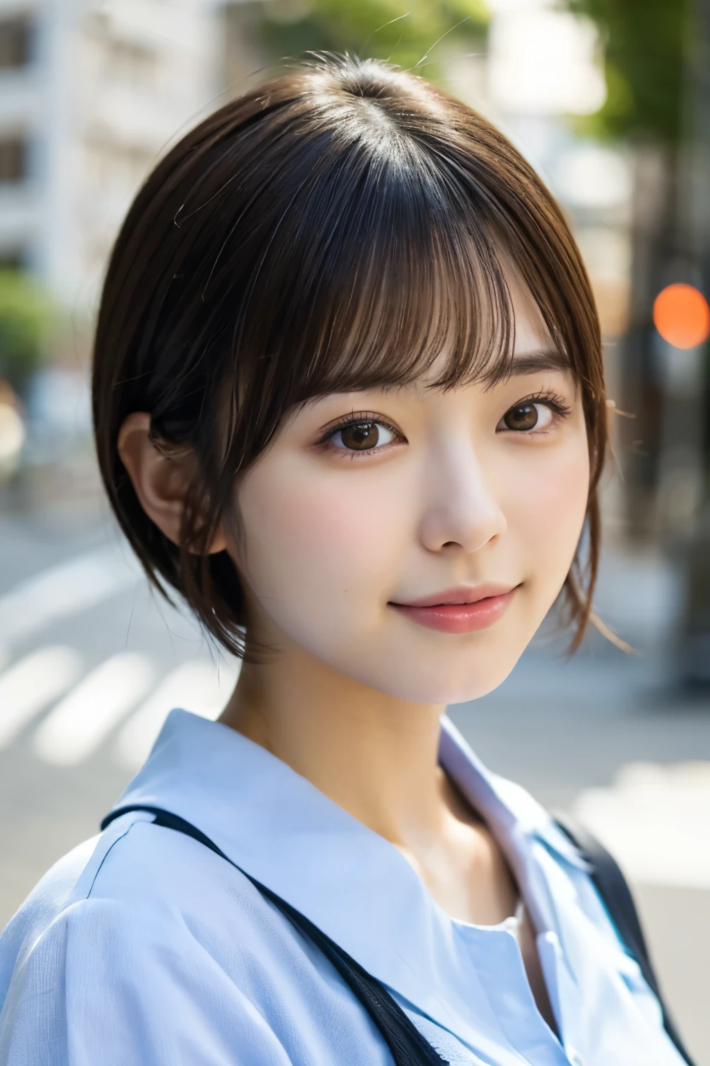 ((Фотореалистичный)), Портрет в полный рост 8K, (красивая женщина), (японка), (подробное лицо), привлекательный вид, Четкая система, 18-летний, Токио город, лето, для фона, короткие волосы, 