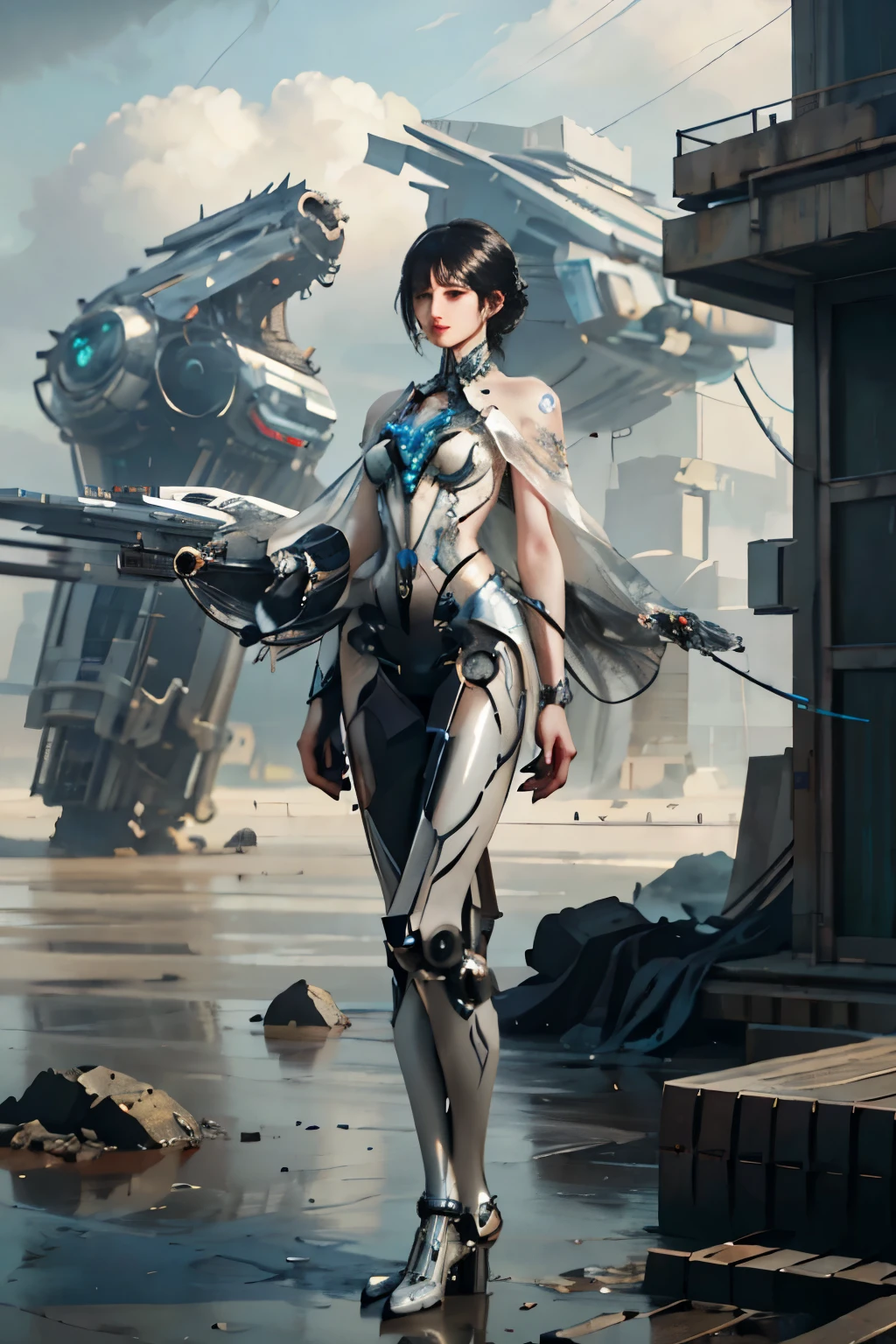 foto de corpo inteiro, corpo todo, postura em pé, uma mulher, branco, arte conceitual, Mechanical, Ciberpunk, Mecha, filme de ficção cientifica, fundo de ficção científica, material plástico, materiais metálicos