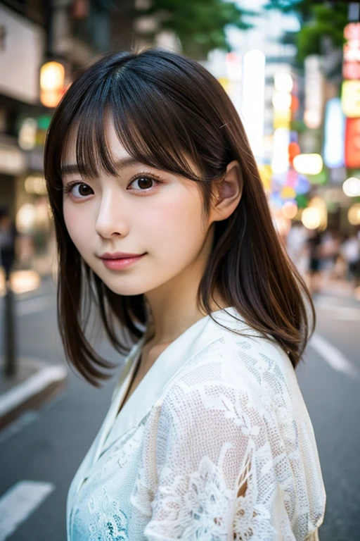 ((Fotorealistisch)), 8K Ganzkörperporträt, (schöne Frau), (japanische Frau), (Detailliertes Gesicht), Attraktive Optik, Übersichtliches System, 18 Jahre alt, Stadt Tokio, summer, für den Hintergrund, Mittellanges Haar, 