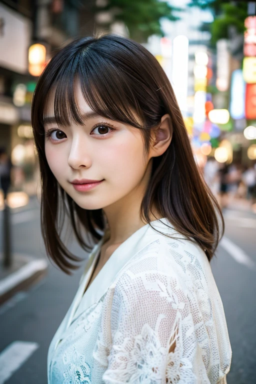 ((Photoreal)), 8K full-length portrait, (Beautiful woman), (Japanese woman), (detailed face), attractive look, Clear system, 1, Tokyo city, summer, for the background, medium hair, 