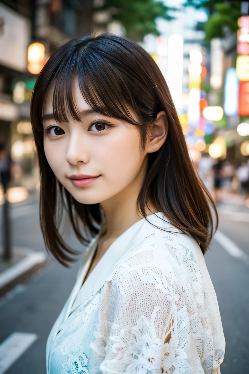 ((Photoreal)), Retrato de cuerpo entero en 8K, (Mujer hermosa), (mujer japonesa), (cara detallada), mirada atractiva, Sistema claro, 1, Ciudad de Tokio, Verano, para el fondo, pelo medio, 