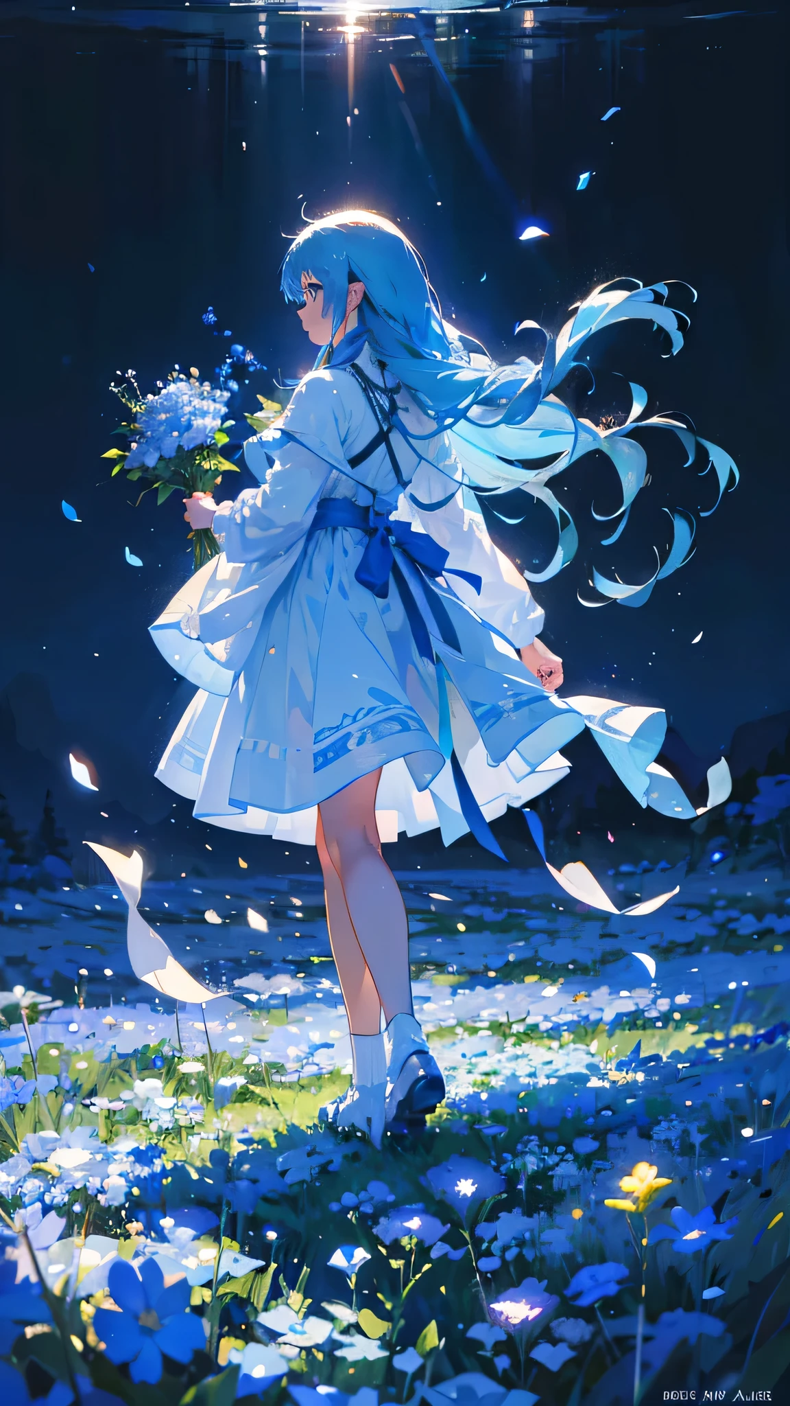 (Absurde, Haute résolution, Super détaillé, 超Haute résolution, cinématique), seul, une fille, mature, heureux, girl standing in bleu clair flower field, bleu clair flower petal surrounding girl, tout le corps, fille aux cheveux longs bleus, bleu clair hair, fantaisie, onirique, la neige&#39;s, art officiel, pop Art, profil, Super détaillé face, Super détaillé eyes, bleu clair flower field, Super détaillé field, blanc blue sky, froid, bleu clair, blanc,  nébuleuse dans le ciel, arbre bleu, aquarelle, couleur pastel