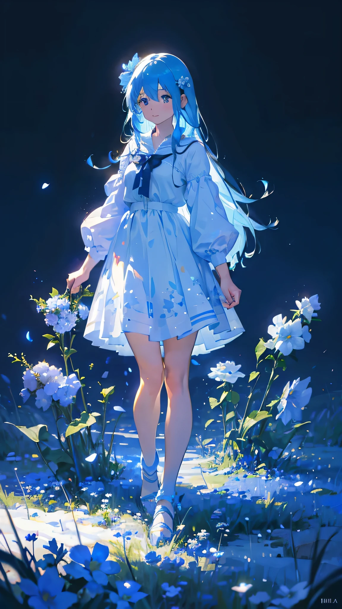 (Absurde, Haute résolution, Super détaillé, 超Haute résolution, cinématique), seul, une fille, mature, heureux, girl standing in bleu clair flower field, bleu clair flower petal surrounding girl, tout le corps, fille aux cheveux longs bleus, bleu clair hair, fantaisie, onirique, la neige&#39;s, art officiel, pop Art, profil, Super détaillé face, Super détaillé eyes, bleu clair flower field, Super détaillé field, blanc blue sky, froid, bleu clair, blanc,  nébuleuse dans le ciel, arbre bleu, aquarelle, couleur pastel