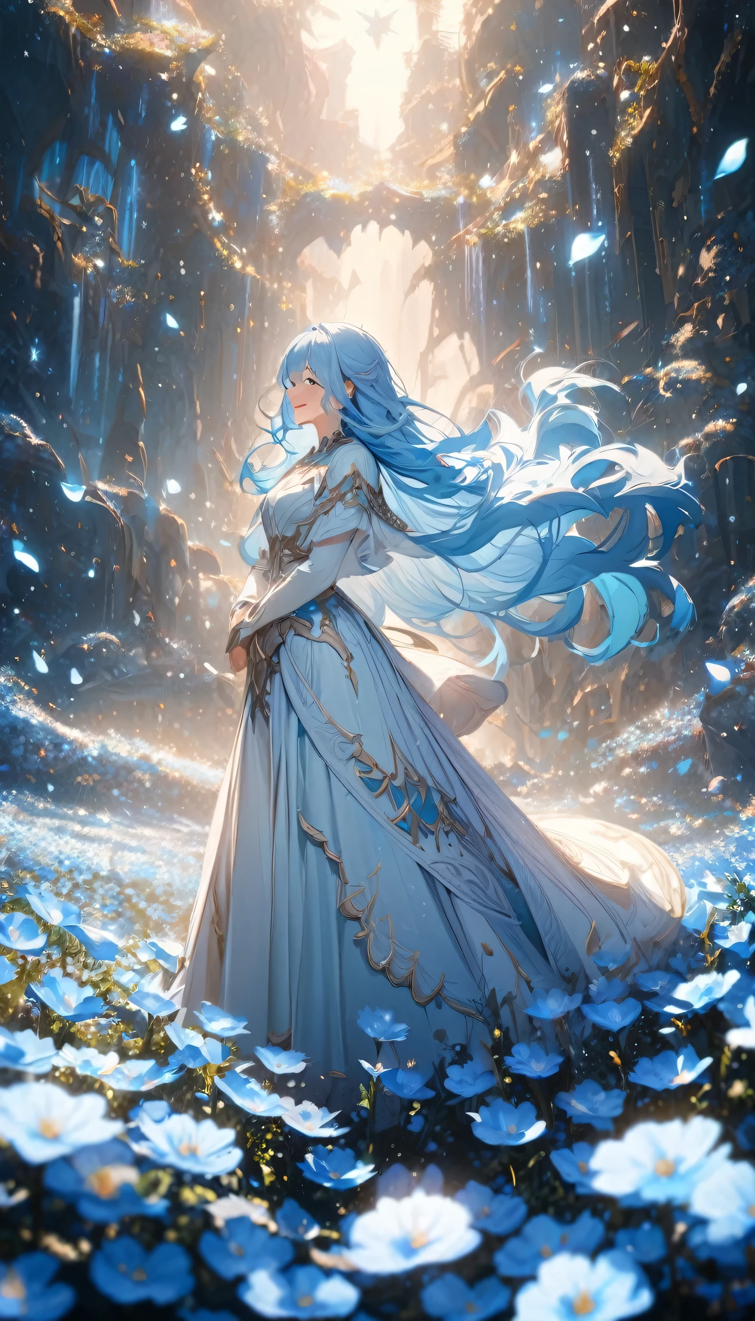 (Absurd, High resolution, Super detailed, 超High resolution, Cinematic), alone, One girl, mature, Happy, girl standing in Light blue flower field, Light blue flower petal surrounding girl, whole body, Girl with blue long hair, Light blue hair, Fantasy, dream-like, the snow&#39;s, Official Art, Pop Art, profile, Super detailed face, Super detailed eyes, Light blue flower field, Super detailed field, white blue sky, cold, Light blue, white,  Nebula in the sky, Blue Tree, watercolor, pastel colour