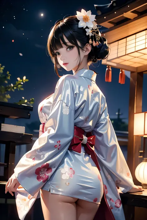 ((sexy cute mini kimono and elegant beautiful white laced panties)),
((looking back)),♥(japanese beautiful flower printed kimono...