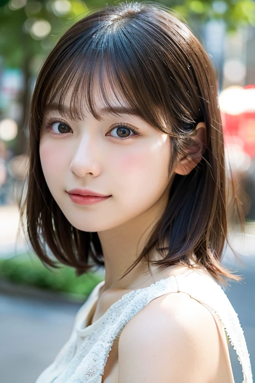 ((Photoreal)), 8K full-length portrait, (Beautiful woman), (Japanese woman), (detailed face), attractive look, Clear system, 1, Tokyo city, summer, for the background, medium hair, 