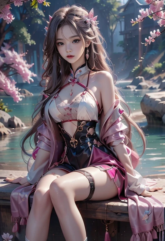 8K, Ultra high quality, masterpiece, HD color, 1 girl, Perfect face, very long curly hair, delicate eyes, Simple clothes, ((Magenta clothing)), Socks, ((Crisscross lace)), sardine, Shoulder Straps, Netsuit, ((Long loop)), jewelry, Waterside, Realistic scenery, Epic Landscapes, Sun rise, night, cloud, Butterfly, Cherry blossoms, Blowing, perfect posture,