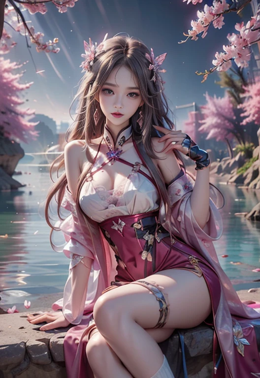 8K, Ultra high quality, masterpiece, HD color, 1 girl, Perfect face, very long curly hair, delicate eyes, Simple clothes, ((Magenta clothing)), Socks, ((Crisscross lace)), sardine, Shoulder Straps, Netsuit, ((Long loop)), jewelry, Waterside, Realistic scenery, Epic Landscapes, Sun rise, night, cloud, Butterfly, Cherry blossoms, Blowing, perfect posture,