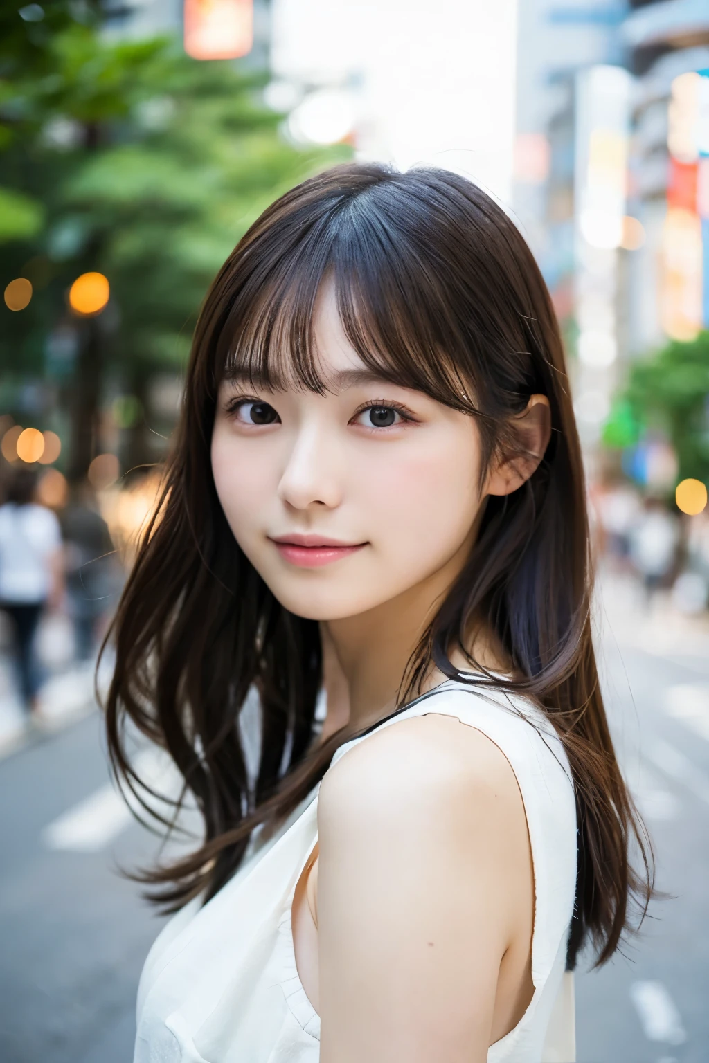 ((Fotorreal)), Retrato de corpo inteiro em 8K, (Mulher bonita), (mulher japonesa), (rosto detalhado), aparência atraente, Limpar sistema, 18 anos, Cidade de Tóquio, verão, para o fundo, Cabelo medio, 