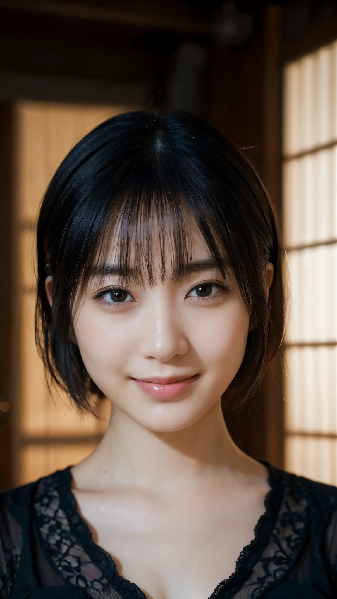 (highest quality,masterpiece:1.3,Ultra-high resolution),(Super detailed,Caustics,8k), (Photorealistic:1.4, RAW shooting),Inside the room,Japanese,20-year-old,smile,Black short hair,Black Shirt,Bust up shot,Face Focus,Face close up,Natural light,Professional Lighting