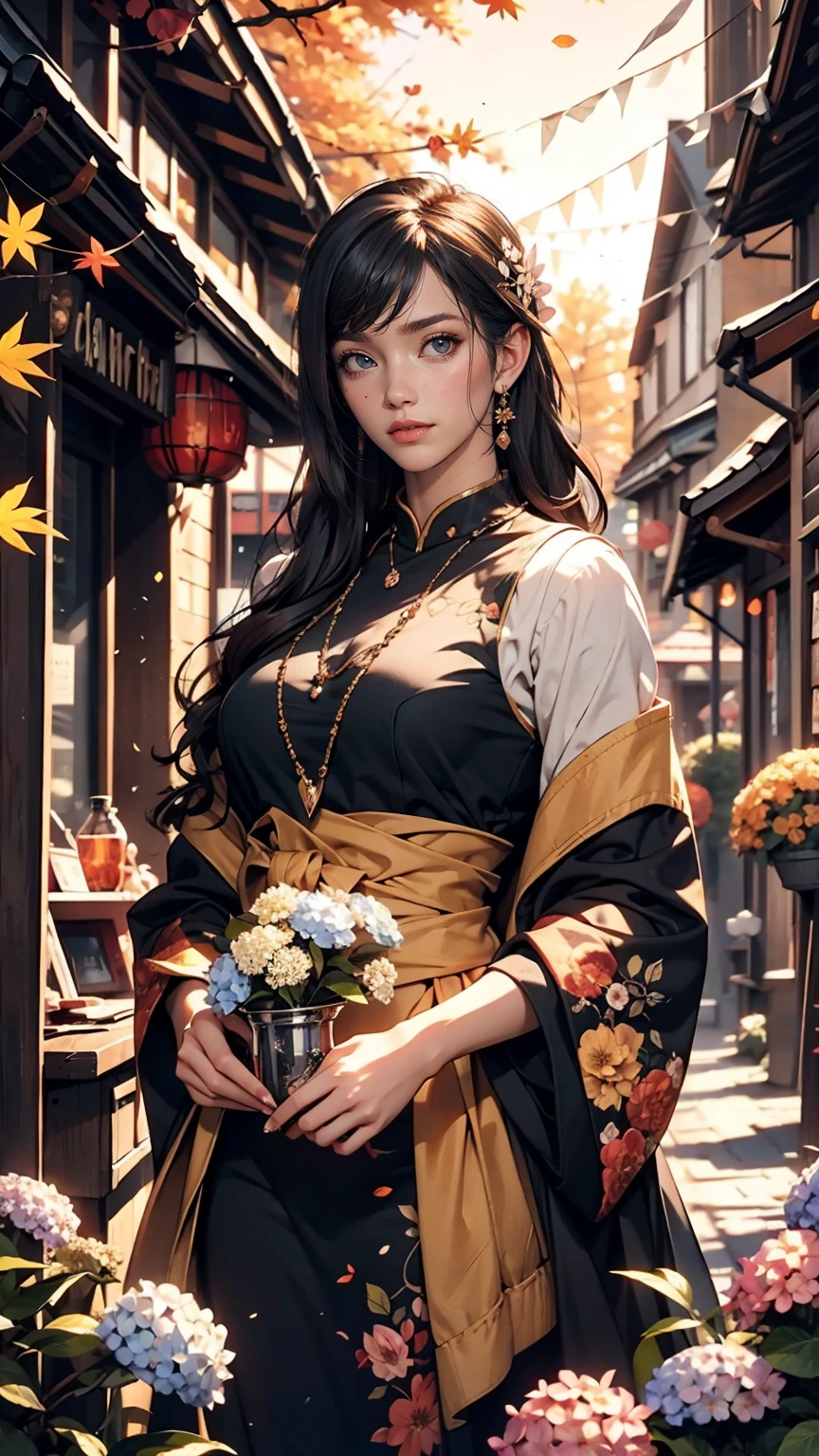 masterpiece, 最high quality, high quality, Very detailed CG 8k wallpaper unit, scenery, Outdoor, set up, Medieval Tavern, autumnの空, autumnの夕暮れ, autumn、winter, Cloudy, The big moon shines, Award-winning photography, Depth of written boundary, High resolution, Flowers, squirt, Hydrangea, Realistic, Very detailed, Complex, Attention to detail, dramatic, Art on the go, Art Station Trends, CGsociety Trends, chromatic aberration.