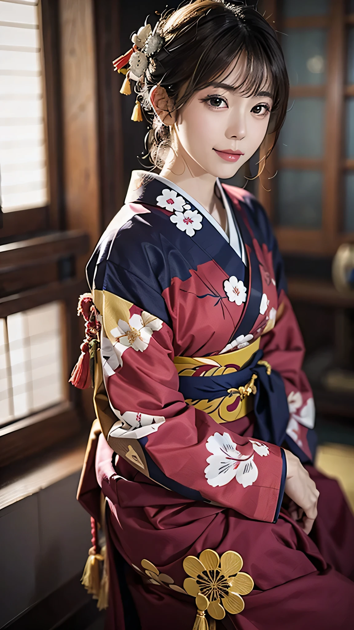 realista, sozinho, linda mulher japonesa, quimono tradicional, aparência natural, Um sorriso gentil, Impressive Gaze, penteado tradicional, Quarto em estilo japonês ao entardecer, Sente-se perto da janela, iluminado pelas luzes da cidade, (pose atraente), Fotografo profissional, Profundidade superficial de campo, luz de fundo,