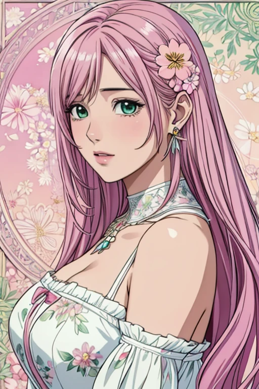 (​masterpiece, top-quality, top-quality, Official art, Beautifully Aesthetic:1.2), green eyes, (highest quality, masterpiece painting:1.3), immature woman, 16 years old, (half body shot), masterpiece, ultra high resolution, (((Flower frame, A lot of flowers in the frame, round frame, A beautiful girl fits into the frame))), Decorative panel, abstract art, (shot from a side angle), (Photoreal:1.0), ((light pink hair)),straight hair, beautiful shining hair, white and shining skin, Painterly, sketch, Texture, 超A high resolution, solo, Beautuful Women, A highly detailed, (Fractal Art:1.1), (colourfull:1.1), (florals:1.6), The most detailed, (Zentangle:1.2), (Dynamic Poses), (Abstract background:1.3), (shinny skin), (Many colors:0.8), (earrings:1.4), (pluma:0.9), Taisho romance