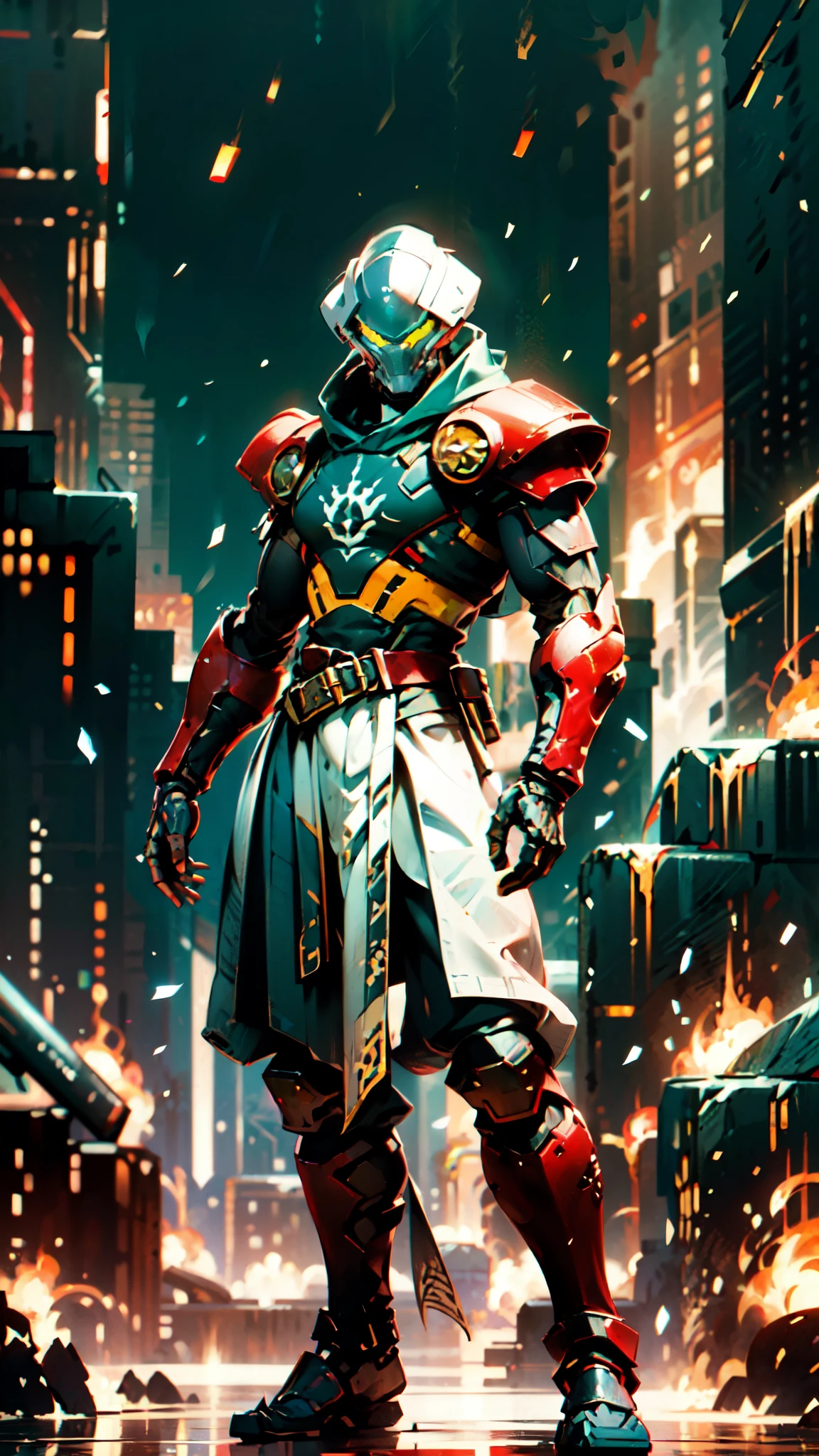 A man wearing a full-face helmet, a fantasy-style biotech armored combat suit, green eyes, (a composite layered chest armor), fully enclosed shoulder guards, matching arm and leg guards, the belt is adorned with 666 mark, (the color scheme is primarily red with yellow and white accents), the design balances heavy with agility, a high-tech bio-mecha armor, (Armor Concept Inspired by Demon, stand on the top of a skyscraper in a futuristic sci-fi city), this character embodies a finely crafted fantasy-surreal style armored hero in anime style, exquisite and mature manga art style, (battle damage, element, plasma, energy, the armor glows), ((male:1.5)), metallic, real texture material, dramatic, high definition, best quality, highres, ultra-detailed, ultra-fine painting, extremely delicate, professional, perfect body proportions, golden ratio, anatomically correct, symmetrical face, extremely detailed eyes and face, high quality eyes, creativity, RAW photo, UHD, 32k, Natural light, cinematic lighting, masterpiece-anatomy-perfect, masterpiece:1.5