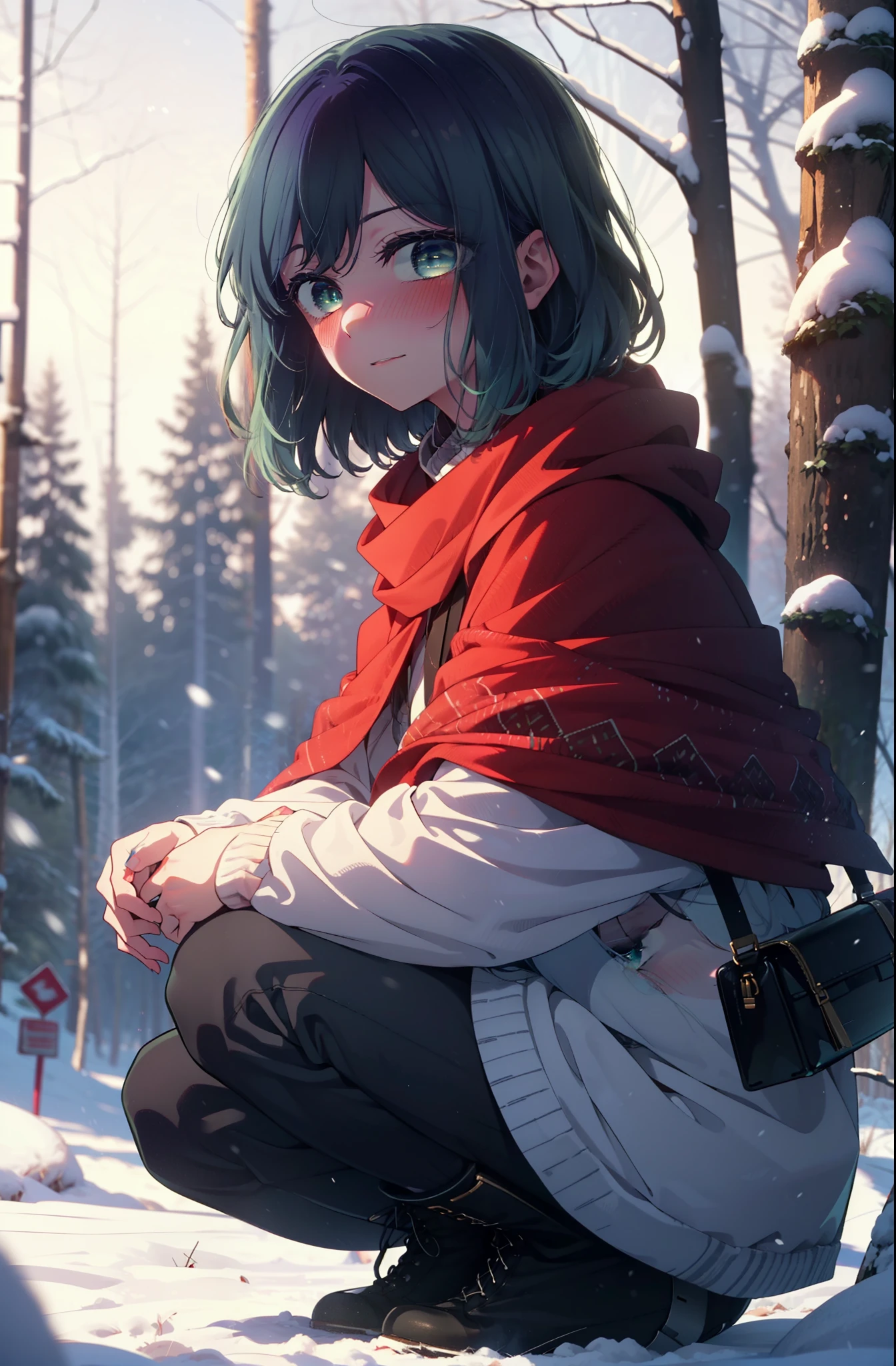 akanekurokawa, akane kurokawa, bangs, (Green Eyes:1.3), Blue Hair, Medium Hair, dark Blue Hair,smile,blush,White Breath,
Open your mouth,snow,Ground bonfire, Outdoor, boots, snowing, From the side, wood, suitcase, Cape, Blurred, , forest, White handbag, nature,  Squat, Mouth closed, Cape, winter, Written boundary depth, Black shoes, red Cape break looking at viewer, Upper Body, whole body, break Outdoor, forest, nature, break (masterpiece:1.2), highest quality, High resolution, unity 8k wallpaper, (shape:0.8), (Beautiful and beautiful eyes:1.6), Highly detailed face, Perfect lighting, Highly detailed CG, (Perfect hands, Perfect Anatomy),