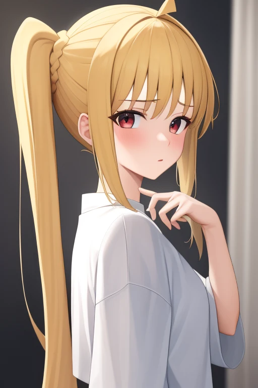 (masterpiece, highest quality:1.2), A girl with blonde hair and red eyes wearing a white shirt, Side Ponytail, Full Bang, Looks confused, at home, 
Super detaileded, highest quality, Expressive eyes, Perfect Face, super high quality, Super detailed,nsfw,undressing