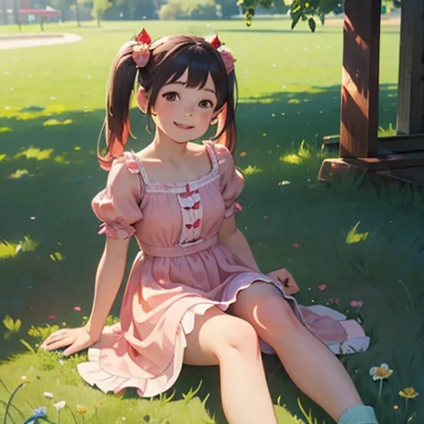 (Realistic:1.37)、Octane Rendering、Morning Park、Strawberry Dresses、Smiling girl with twin tails、Strawberries falling from the sky...