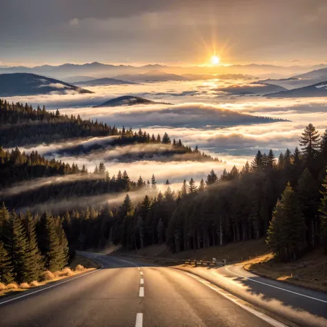 a dramatic mountainous landscape,two towering mountains covered in dense pine forests,sun peeking through morning mist,dramatic ...