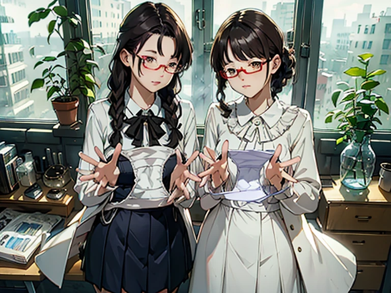 (highest quality、masterpiece、High resolution)、(Sargent-style watercolor)、(Anime Art)、Soft Light、((Two Women))、((The two are talking while looking at documents...))、17 years old、18-year-old、Medium Short Hair、semi-long、Put your hair up、Black Hair、Dark brown hair、Braided hair、Glasses、Detailed depiction of the face、Flat Chest，uniform、Long skirt、((Wearing a white coat))、Showing off her freshly removed panties，(Cute White Girl Panties:1.2), Holding，White blouse and long skirt、Institute of Earth Sciences、A large number of panties、標Book shelf、Book、Book shelf、Laboratory instrument、Test tube、beaker、flask、Alcohol lamp、Labware、florals、vase、window、Foliage plant、 Blur the background、