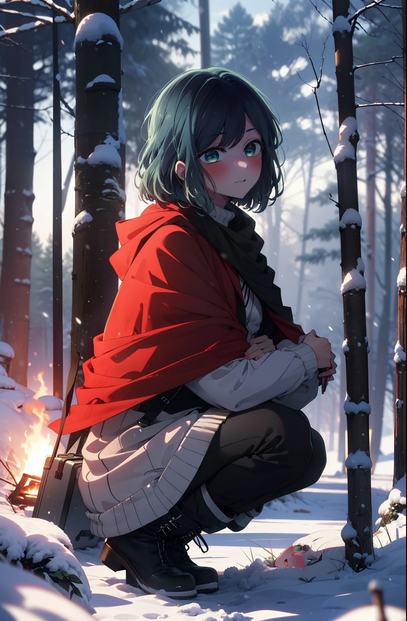 akanekurokawa, akane kurokawa, bangs, (Green Eyes:1.3), Blue Hair, Medium Hair, dark Blue Hair,smile,blush,White Breath,
Open your mouth,snow,Ground bonfire, Outdoor, boots, snowing, From the side, wood, suitcase, Cape, Blurred, , forest, White handbag, nature,  Squat, Mouth closed, Cape, winter, Written boundary depth, Black shoes, red Cape break looking at viewer, Upper Body, whole body, break Outdoor, forest, nature, break (masterpiece:1.2), highest quality, High resolution, unity 8k wallpaper, (shape:0.8), (Beautiful and beautiful eyes:1.6), Highly detailed face, Perfect lighting, Highly detailed CG, (Perfect hands, Perfect Anatomy),