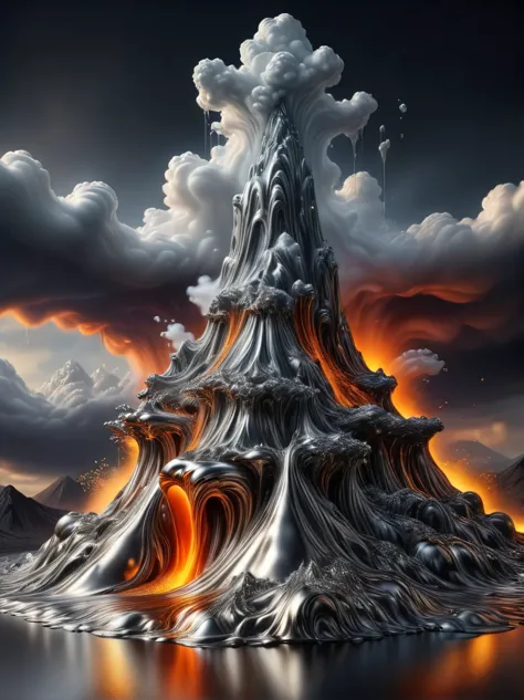 (A volcano made of liquid metal:1.5)，(A huge magma made of liquid metal)，Elegant Flow，Liquid metal flowing, Metal smelting，Liqui...