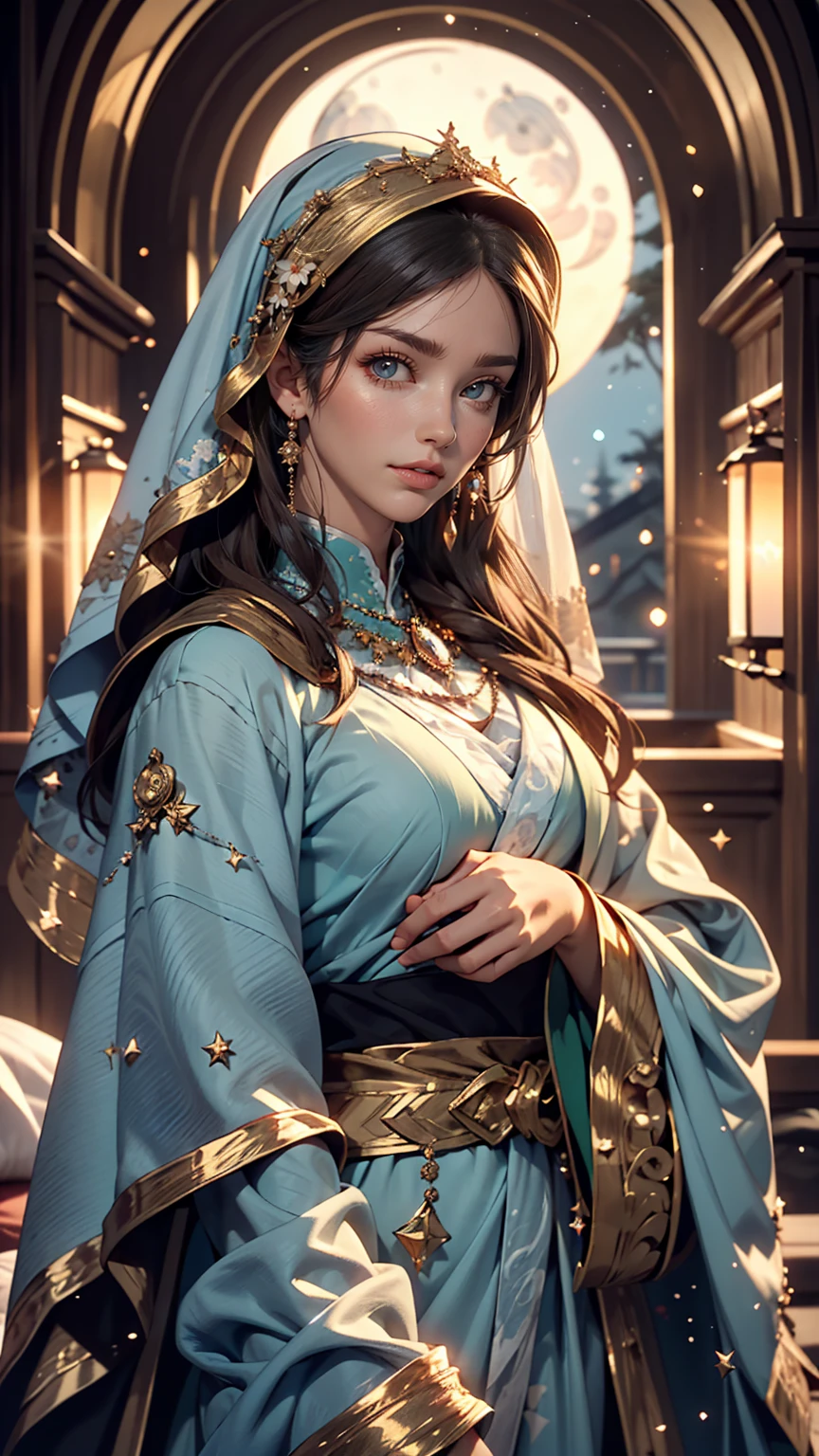 Mother of Jesus, Black hair and green eyes, light brown skin, Wearing a light blue robe, And a sky-blue veil, A calm expression that brings peace (whole body) Near the window, Illuminated by the moonlight (Magnificent and realistic