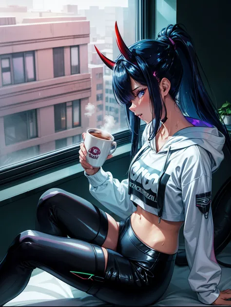 score_9,score_8_up,score_7_up,score_6_up, 1girl, 
 sitting in bed next to a large window, holding coffee cup, holding steaming c...